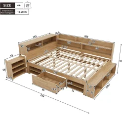 Lit enfant 140 x 200 cm - avec 1 tiroir - avec bibliothèque et rangement - sommier à lattes - naturel (matelas non inclus)