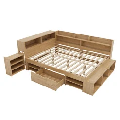 Lit enfant 140 x 200 cm - avec 1 tiroir - avec bibliothèque et rangement - sommier à lattes - naturel (matelas non inclus)