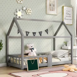 Lit enfant 90 x 200 cm - Lit Cabane avec Tablette et Tableau - Bois de Pin - Sans Matelas - Gris