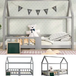 Lit enfant 90 x 200 cm - Lit Cabane avec Tablette et Tableau - Bois de Pin - Sans Matelas - Gris