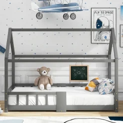 Lit enfant 90 x 200 cm - Lit Cabane avec Tablette et Tableau - Bois de Pin - Sans Matelas - Gris