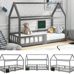 Lit enfant 90 x 200 cm - Lit Cabane avec Tablette et Tableau - Bois de Pin - Sans Matelas - Gris