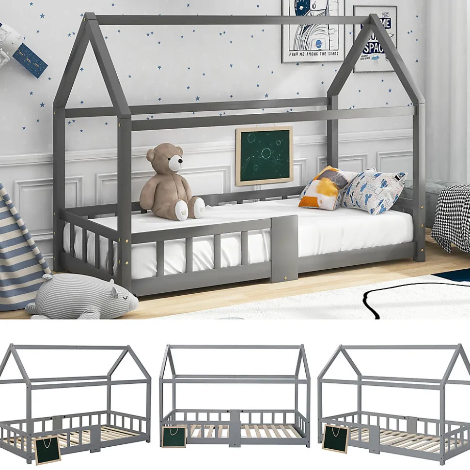 Lit enfant 90 x 200 cm - Lit Cabane avec Tablette et Tableau - Bois de Pin - Sans Matelas - Gris