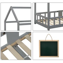 Lit enfant 90 x 200 cm - Lit Cabane avec Tablette et Tableau - Bois de Pin - Sans Matelas - Gris