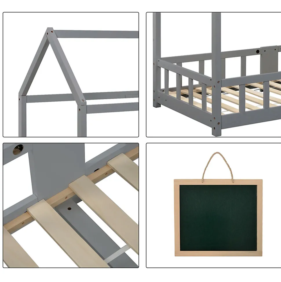 Lit enfant 90 x 200 cm - Lit Cabane avec Tablette et Tableau - Bois de Pin - Sans Matelas - Gris