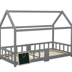 Lit enfant 90 x 200 cm - Lit Cabane avec Tablette et Tableau - Bois de Pin - Sans Matelas - Gris