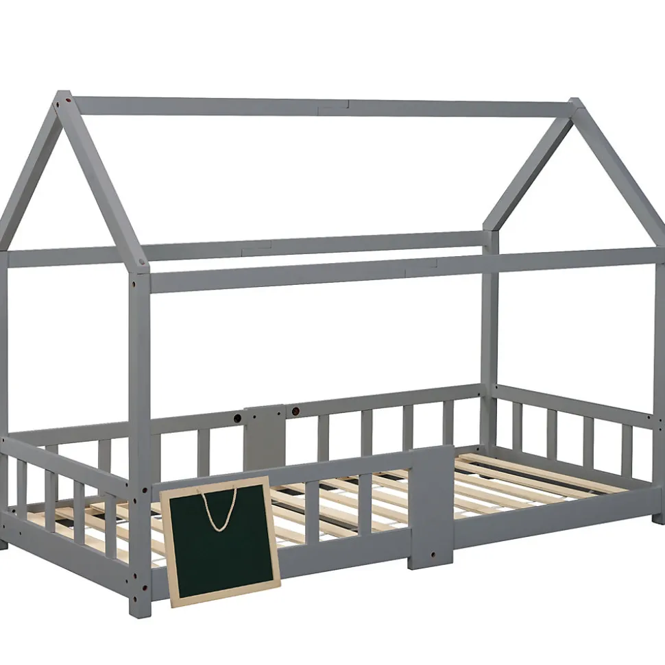 Lit enfant 90 x 200 cm - Lit Cabane avec Tablette et Tableau - Bois de Pin - Sans Matelas - Gris