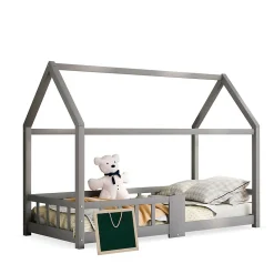 Lit enfant 90 x 200 cm - Lit Cabane avec Tablette et Tableau - Bois de Pin - Sans Matelas - Gris