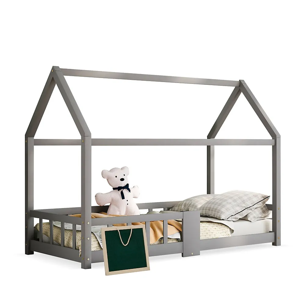 Lit enfant 90 x 200 cm - Lit Cabane avec Tablette et Tableau - Bois de Pin - Sans Matelas - Gris