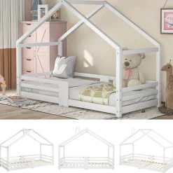 Lit enfant 90 x 200 cm - Lit Cabane avec Cheminée Antichute - Bois de Pin - Sans Matelas - Blanc