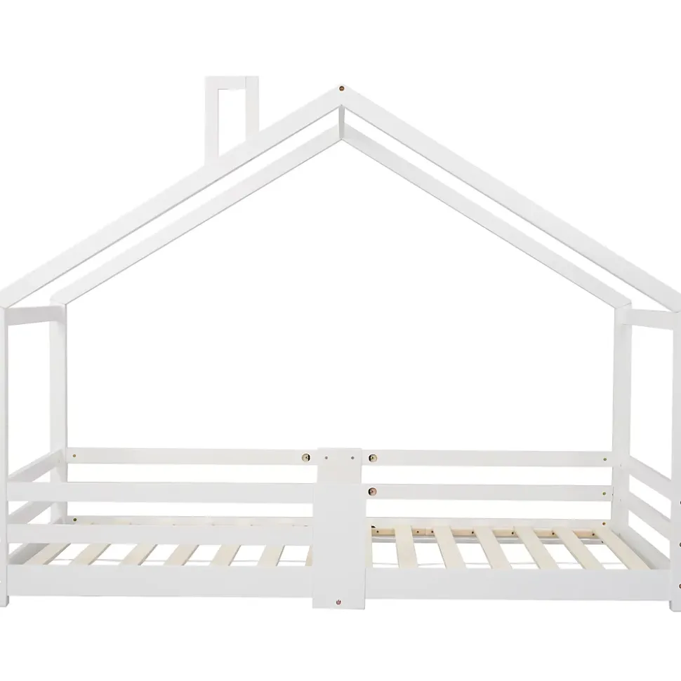 Lit enfant 90 x 200 cm - Lit Cabane avec Cheminée Antichute - Bois de Pin - Sans Matelas - Blanc
