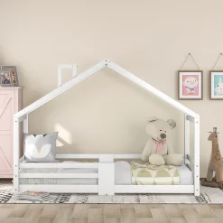 Lit enfant 90 x 200 cm - Lit Cabane avec Cheminée Antichute - Bois de Pin - Sans Matelas - Blanc