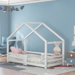 Lit enfant 90 x 200 cm - Lit Cabane avec Cheminée Antichute - Bois de Pin - Sans Matelas - Blanc