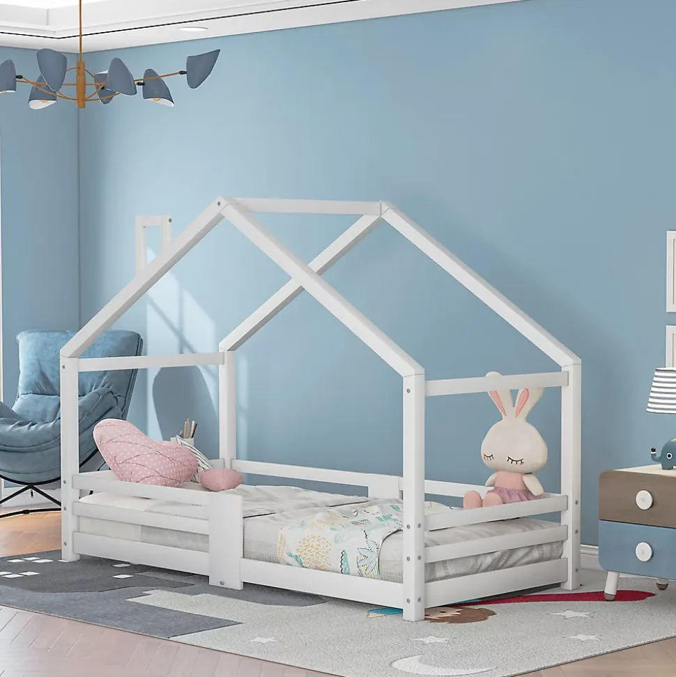 Lit enfant 90 x 200 cm - Lit Cabane avec Cheminée Antichute - Bois de Pin - Sans Matelas - Blanc