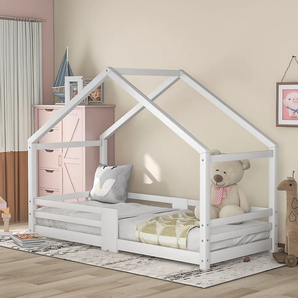 Lit enfant 90 x 200 cm - Lit Cabane avec Cheminée Antichute - Bois de Pin - Sans Matelas - Blanc