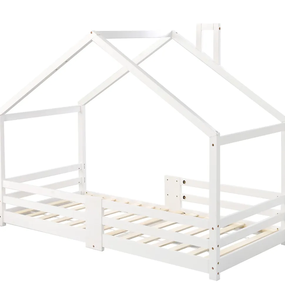 Lit enfant 90 x 200 cm - Lit Cabane avec Cheminée Antichute - Bois de Pin - Sans Matelas - Blanc