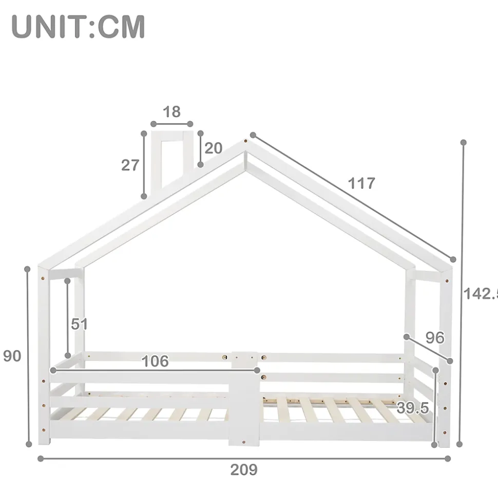 Lit enfant 90 x 200 cm - Lit Cabane avec Cheminée Antichute - Bois de Pin - Sans Matelas - Blanc