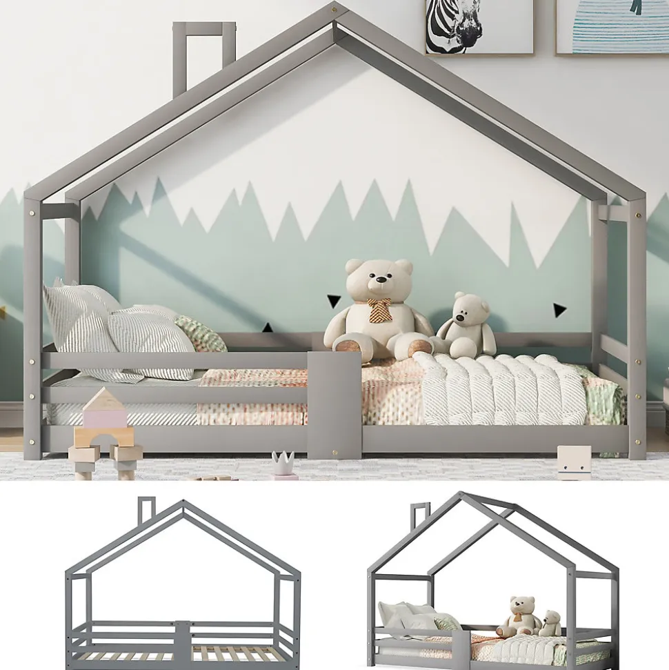 Lit enfant 90 x 200 cm - Lit Cabane avec Cheminée Antichute - Bois de Pin - Sans Matelas - Gris