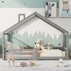 Lit enfant 90 x 200 cm - Lit Cabane avec Cheminée Antichute - Bois de Pin - Sans Matelas - Gris