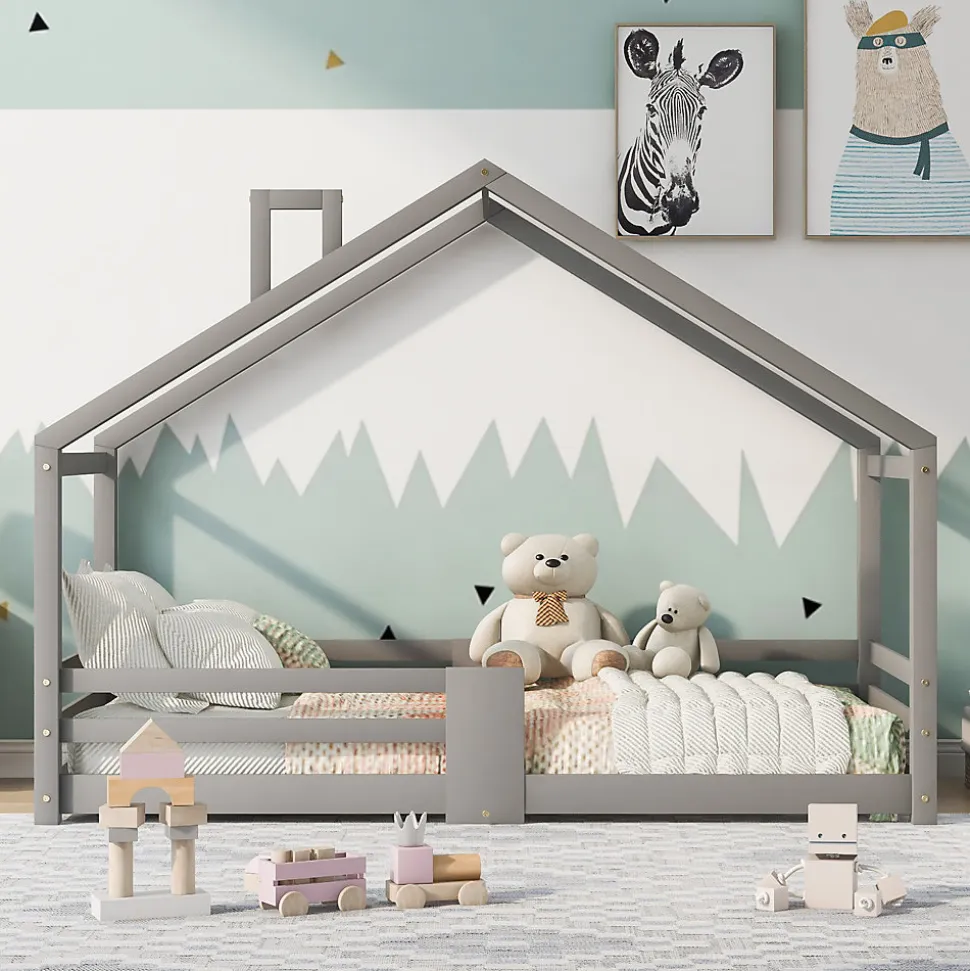 Lit enfant 90 x 200 cm - Lit Cabane avec Cheminée Antichute - Bois de Pin - Sans Matelas - Gris