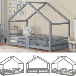 Lit enfant 90 x 200 cm - Lit Cabane avec Cheminée Antichute - Bois de Pin - Sans Matelas - Gris