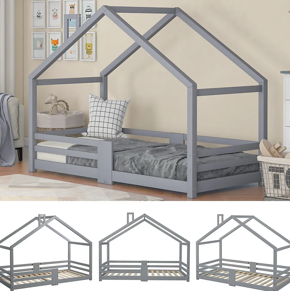 Lit enfant 90 x 200 cm - Lit Cabane avec Cheminée Antichute - Bois de Pin - Sans Matelas - Gris