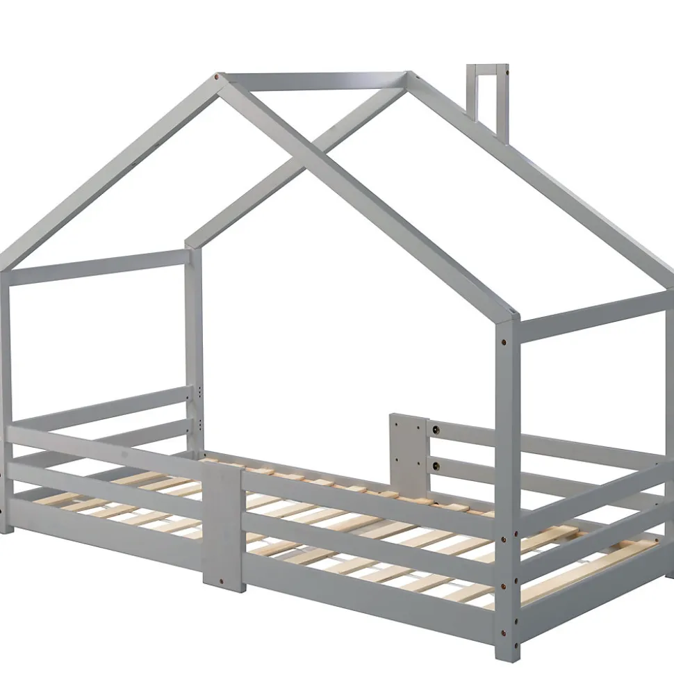 Lit enfant 90 x 200 cm - Lit Cabane avec Cheminée Antichute - Bois de Pin - Sans Matelas - Gris