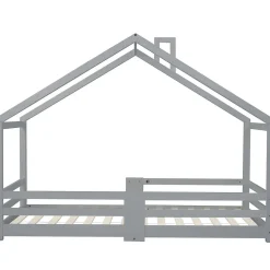 Lit enfant 90 x 200 cm - Lit Cabane avec Cheminée Antichute - Bois de Pin - Sans Matelas - Gris