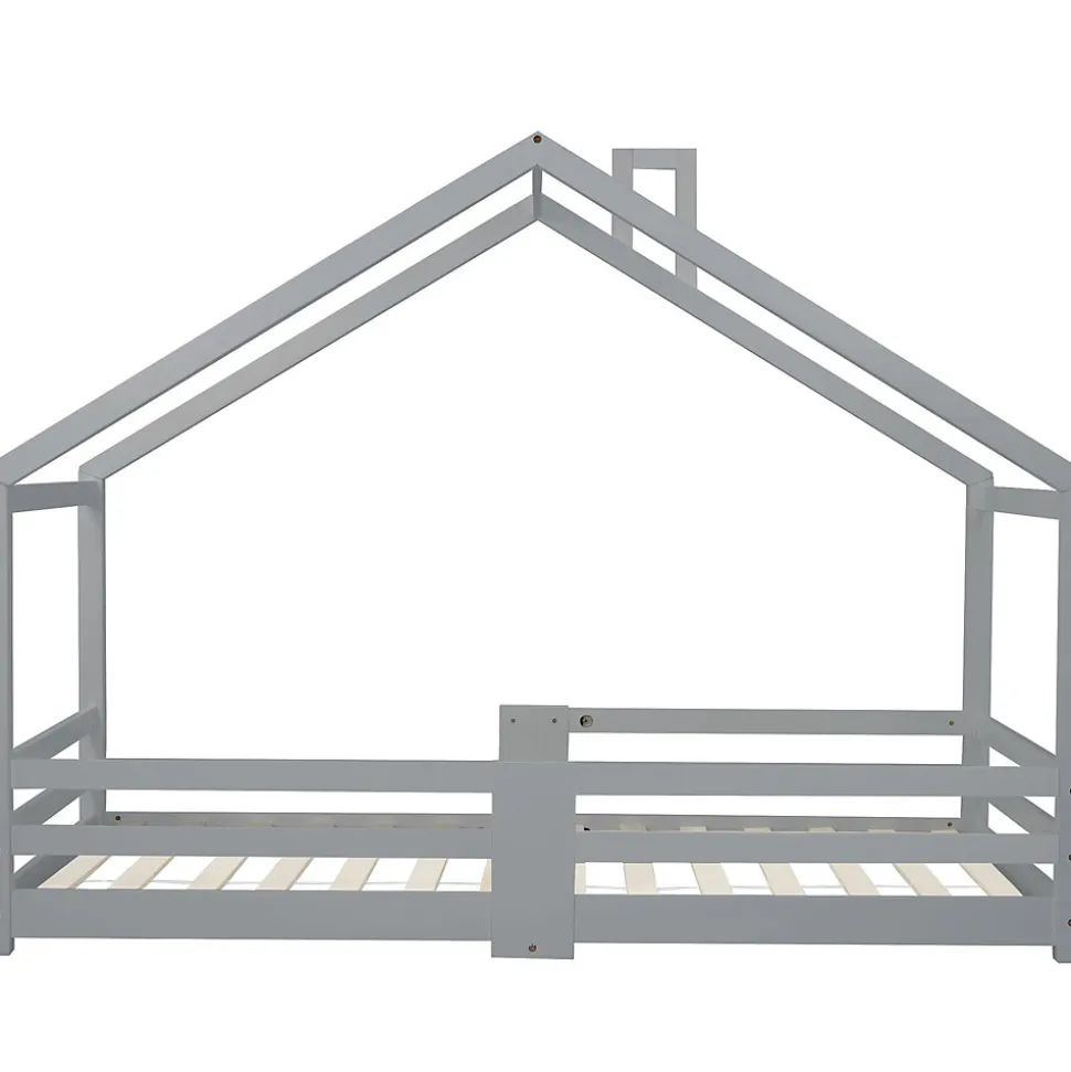Lit enfant 90 x 200 cm - Lit Cabane avec Cheminée Antichute - Bois de Pin - Sans Matelas - Gris