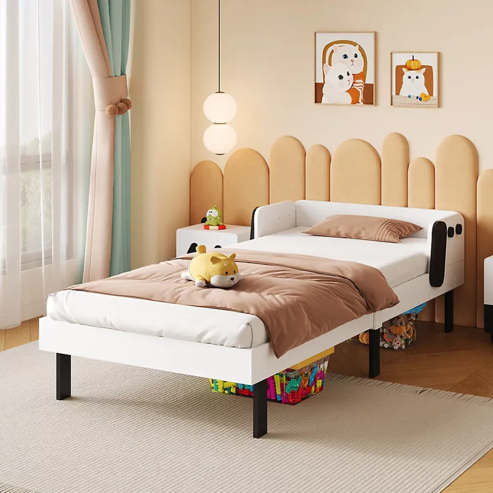 Lit enfant 90 x 200 cm, en forme de chiots, cadre de lit en bois massif, avec sommier à lattes, sans matelas, Blanc