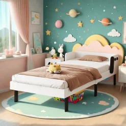 Lit enfant 90 x 200 cm, en forme de chiots, cadre de lit en bois massif, avec sommier à lattes, sans matelas, Blanc