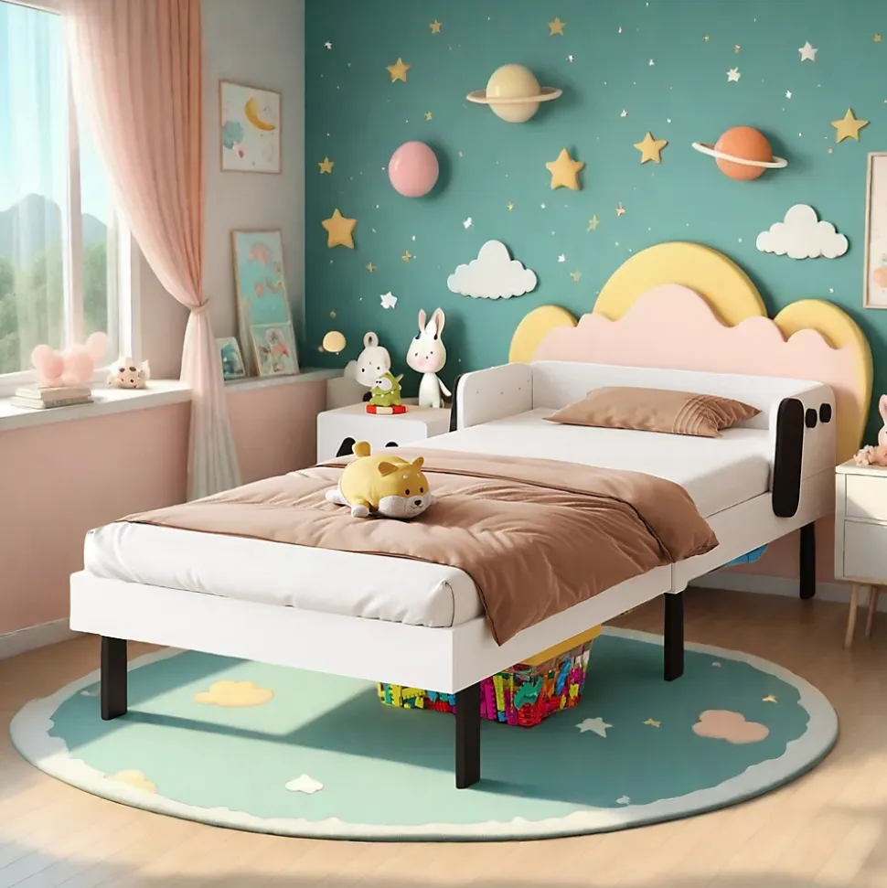 Lit enfant 90 x 200 cm, en forme de chiots, cadre de lit en bois massif, avec sommier à lattes, sans matelas, Blanc