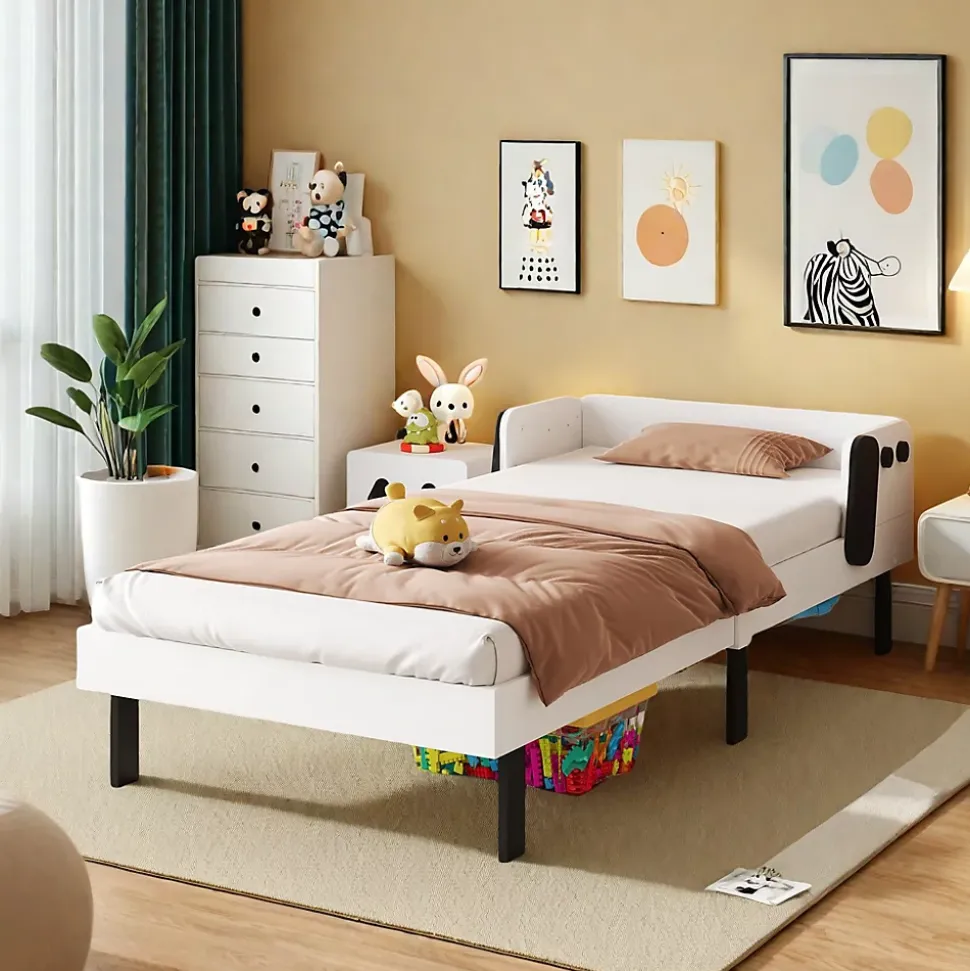 Lit enfant 90 x 200 cm, en forme de chiots, cadre de lit en bois massif, avec sommier à lattes, sans matelas, Blanc