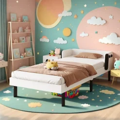 Lit enfant 90 x 200 cm, en forme de chiots, cadre de lit en bois massif, avec sommier à lattes, sans matelas, Blanc