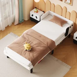 Lit enfant 90 x 200 cm, en forme de chiots, cadre de lit en bois massif, avec sommier à lattes, sans matelas, Blanc