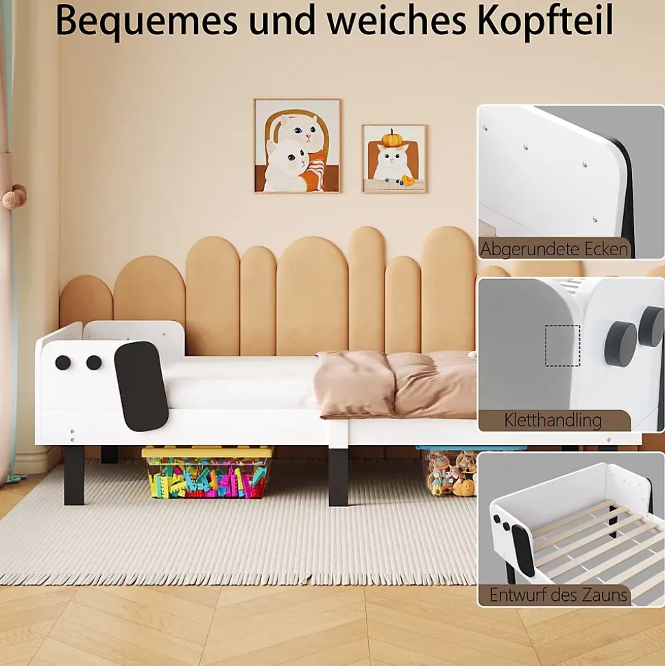 Lit enfant 90 x 200 cm, en forme de chiots, cadre de lit en bois massif, avec sommier à lattes, sans matelas, Blanc