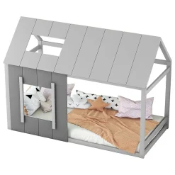Lit enfant 90 x 200 cm en forme de maison, gris foncé et gris clair Blackcolors