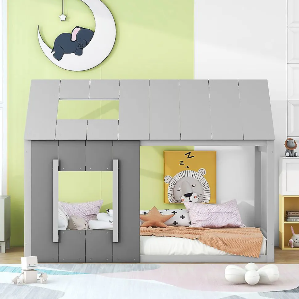Lit enfant 90 x 200 cm en forme de maison, gris foncé et gris clair Blackcolors