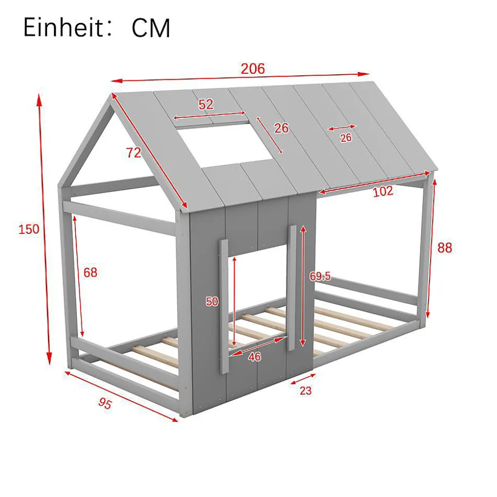 Lit enfant 90 x 200 cm en forme de maison, gris foncé et gris clair Blackcolors