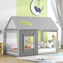 Lit enfant 90 x 200 cm en forme de maison, gris foncé et gris clair Blackcolors