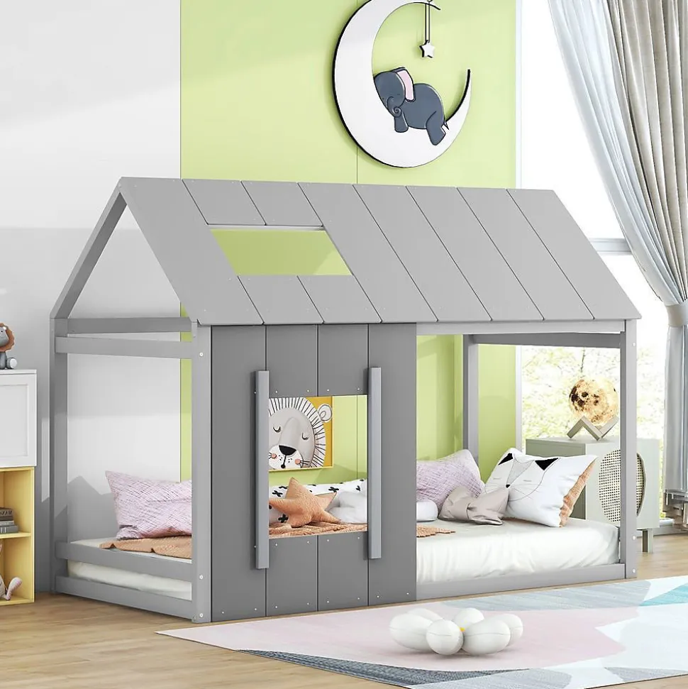 Lit enfant 90 x 200 cm en forme de maison, gris foncé et gris clair Blackcolors