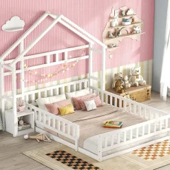 Lit Enfant 140 X 200 Cm, Lit Cabane Avec Barrières, Lit Enfant Avec Tables De Chevet, Blanc