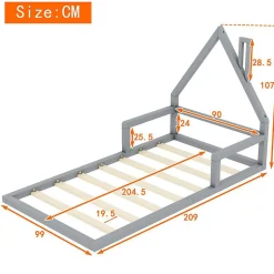 Lit enfant 90 x 200 cm, lit plat en forme de maison, pin gris, Blackcolors