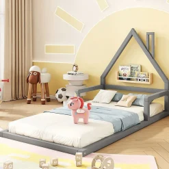 Lit enfant 90 x 200 cm, lit plat en forme de maison, pin gris, Blackcolors