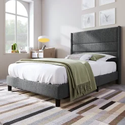 Lit enfant 90 x 200 cm, lit simple capitonné, avec sommier à lattes, design moderne, tissu en lin, matelas non inclus, gris