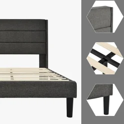 Lit enfant 90 x 200 cm, lit simple capitonné, avec sommier à lattes, design moderne, tissu en lin, matelas non inclus, gris