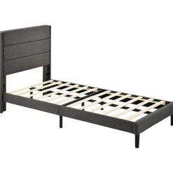 Lit enfant 90 x 200 cm, lit simple capitonné, avec sommier à lattes, design moderne, tissu en lin, matelas non inclus, gris