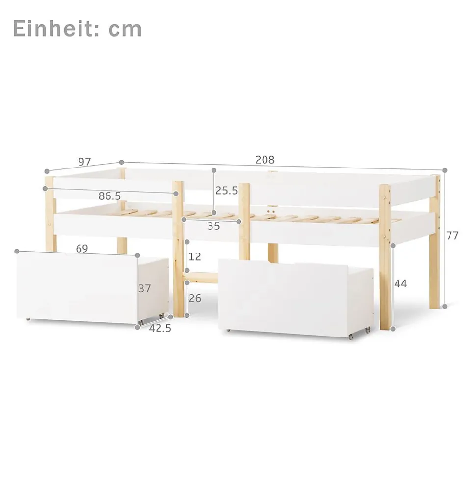 Lit enfant 90 x 200 cm, tiroirs, pin massif, blanc Blackcolors