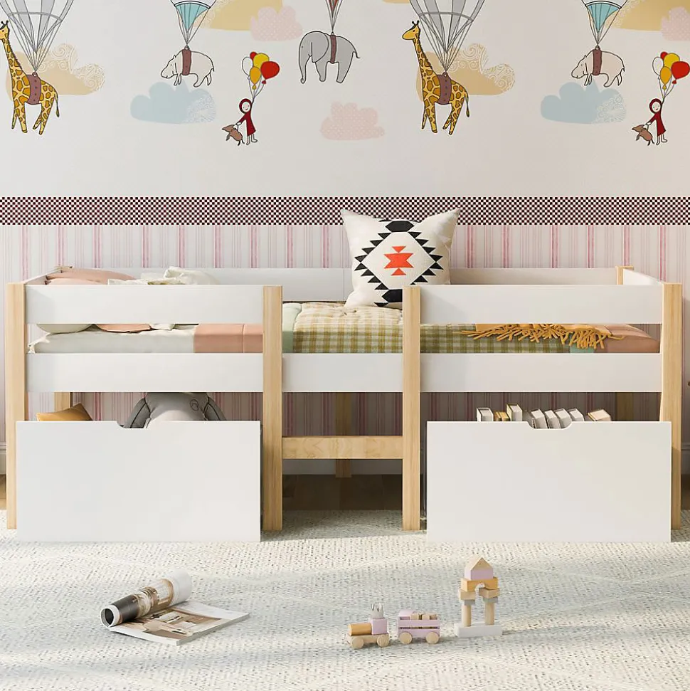 Lit enfant 90 x 200 cm, tiroirs, pin massif, blanc Blackcolors