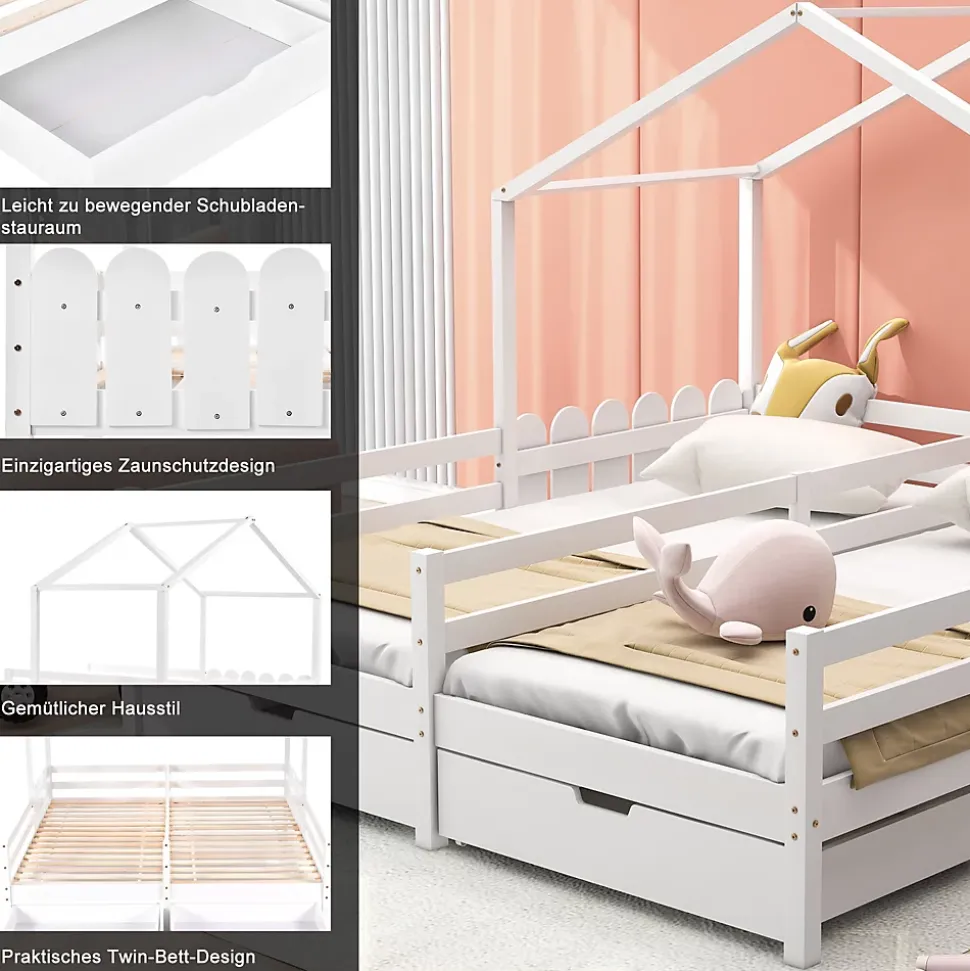 Lit enfant Cabane 90x200 cm - Lit avec Toit et Fenêtres, 2 Tiroirs MDF avec Roulettes, Cadre en Pin Blanc - Sans Matelas